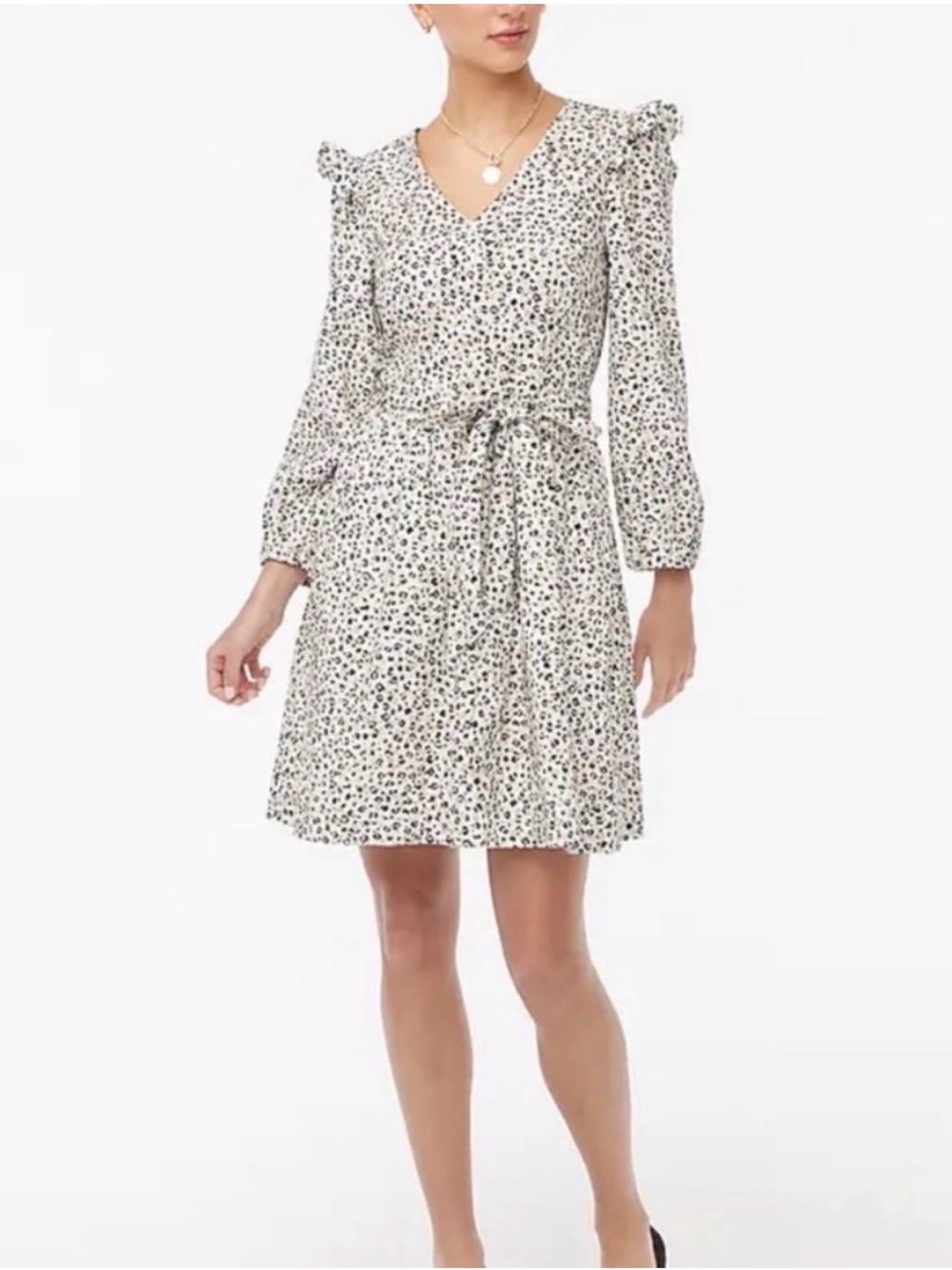 J. Crew Cream and Black Dotted V-Neck Tie-Waist Dress